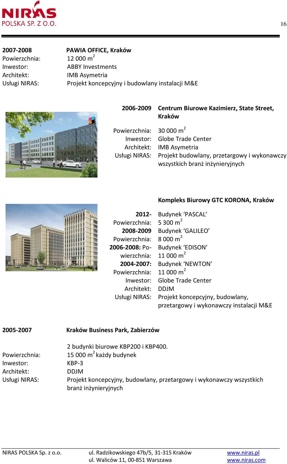 Budynek GALILEO 8 000 m 2 Budynek EDISON 11 000 m 2 Budynek NEWTON 11 000 m 2 Globe Trade Center DDJM Projekt koncepcyjny, budowlany, przetargowy i wykonawczy instalacji M&E 2005-2007