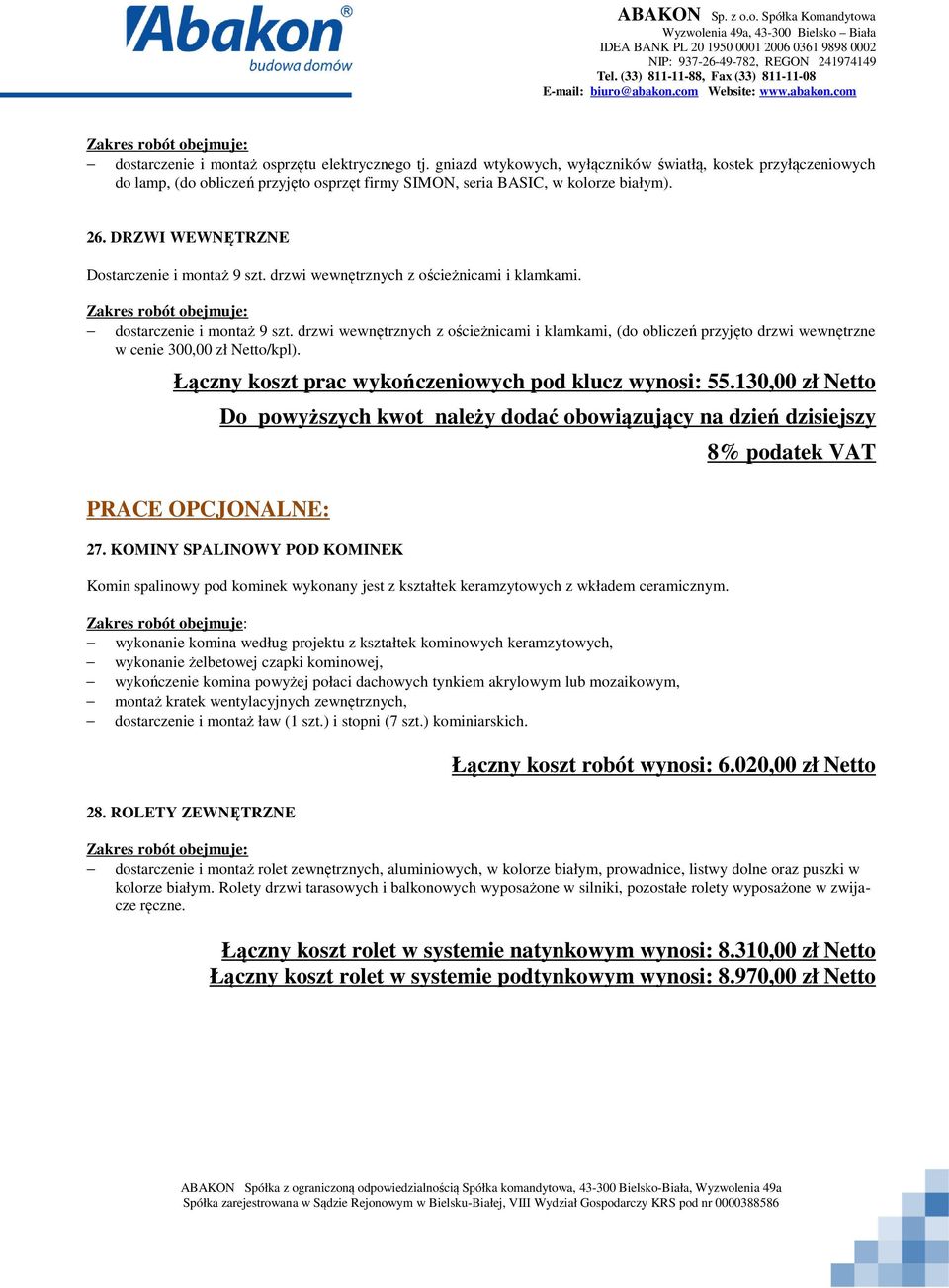 drzwi wewnętrznych z ościeżnicami i klamkami, (do obliczeń przyjęto drzwi wewnętrzne w cenie 300,00 zł Netto/kpl). Łączny koszt prac wykończeniowych pod klucz wynosi: 55.