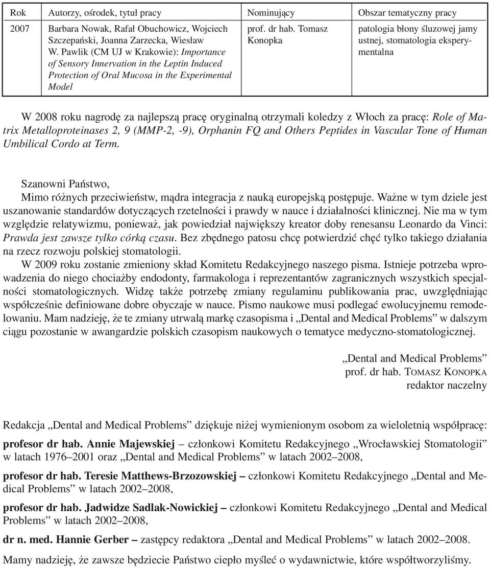 Pawlik (CM UJ w Krakowie): Importance mentalna of Sensory Innervation in the Leptin Induced Protection of Oral Mucosa in the Experimental Model W 2008 roku nagrodę za najlepszą pracę oryginalną