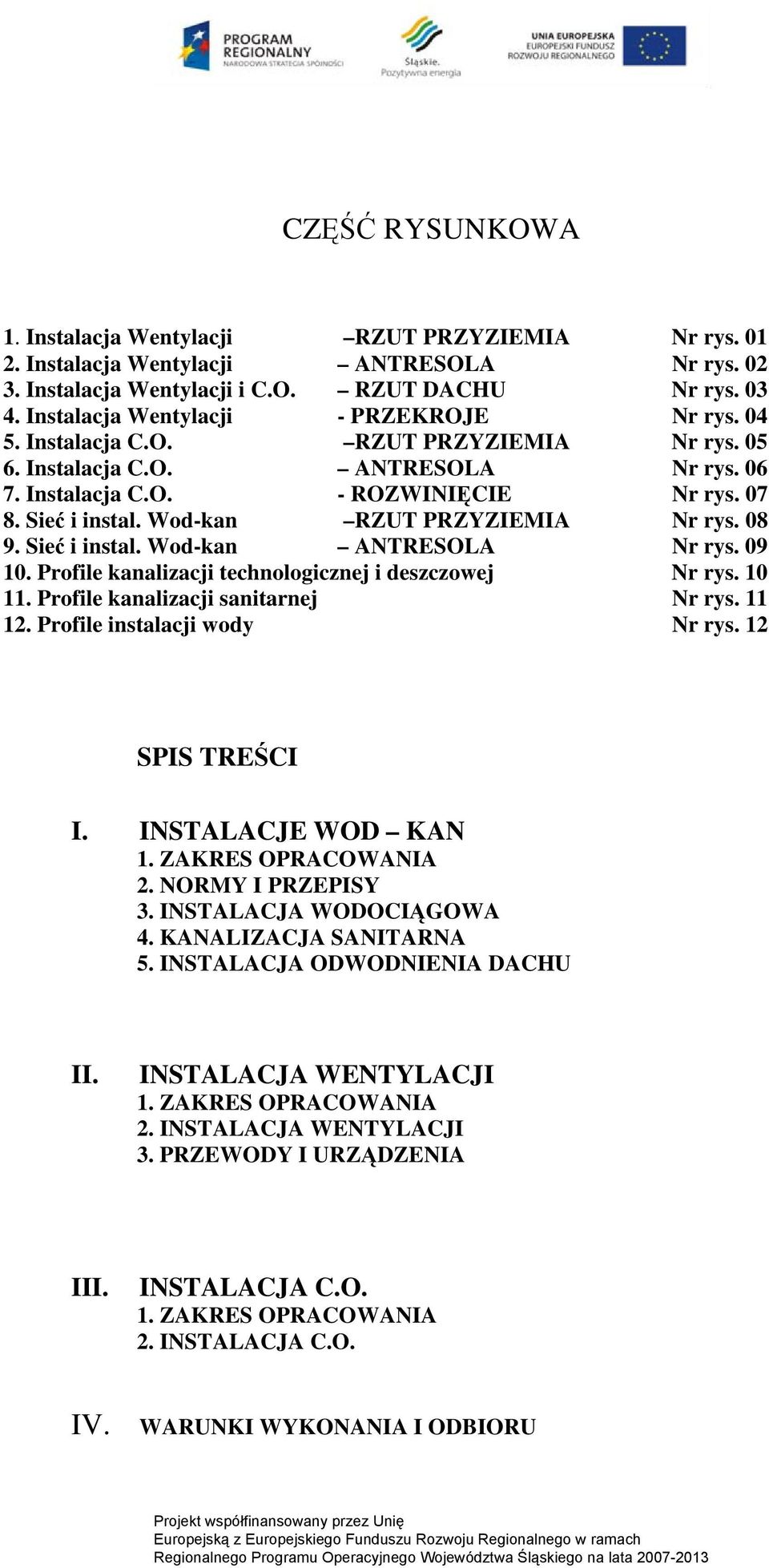 Wod-kan RZUT PRZYZIEMIA Nr rys. 08 9. Sieć i instal. Wod-kan ANTRESOLA Nr rys. 09 10. Profile kanalizacji technologicznej i deszczowej Nr rys. 10 11. Profile kanalizacji sanitarnej Nr rys. 11 12.