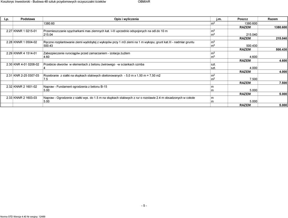 29 KNNR 4 1514-01 Zabezpieczenie rurociągów przed zamarzaniem - izolacja żużlem m 3 4.60 m 3 4.600 RAZEM 4.600 2.