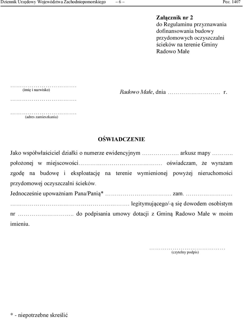 . (adres zamieszkania) OŚWIADCZENIE Jako współwłaściciel działki o numerze ewidencyjnym. arkusz mapy.. położonej w miejscowości.