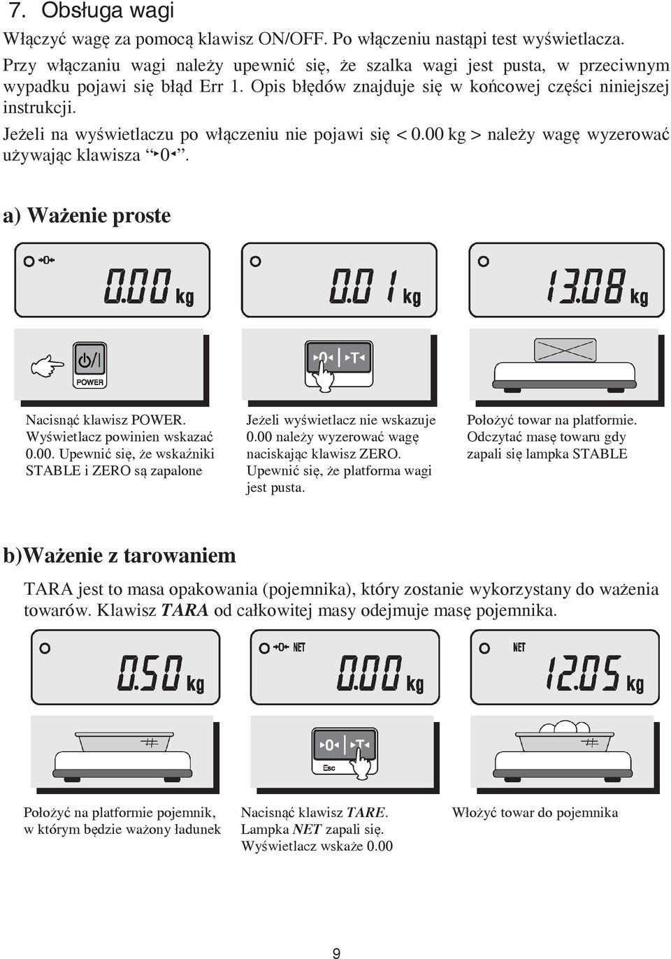 a) Wa enie proste Nacisn klawisz POWER. Wy wietlacz powinien wskaza 0.00. Upewni si, e wska niki STABLE i ZERO s zapalone Je eli wy wietlacz nie wskazuje 0.