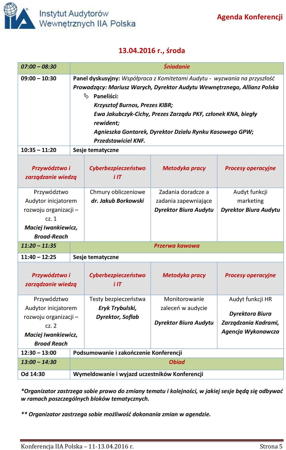 Burnos, Prezes KIBR; Ewa Jakubczyk-Cichy, Prezes Zarządu PKF, członek KNA, biegły rewident; Agnieszka Gontarek, Dyrektor Działu Rynku Kasowego GPW; Przedstawiciel KNF.