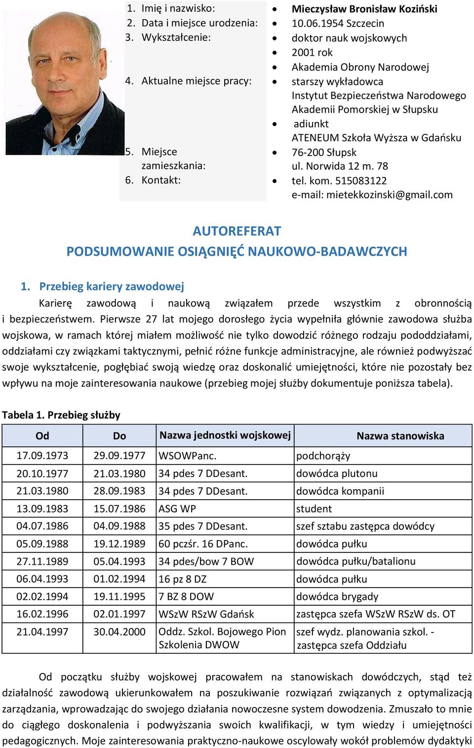 Norwida 12 m. 78 6. Kontakt: tel. kom. 515083122 e-mail: mietekkozinski@gmail.com AUTOREFERAT PODSUMOWANIE OSIĄGNIĘĆ NAUKOWO-BADAWCZYCH 1.