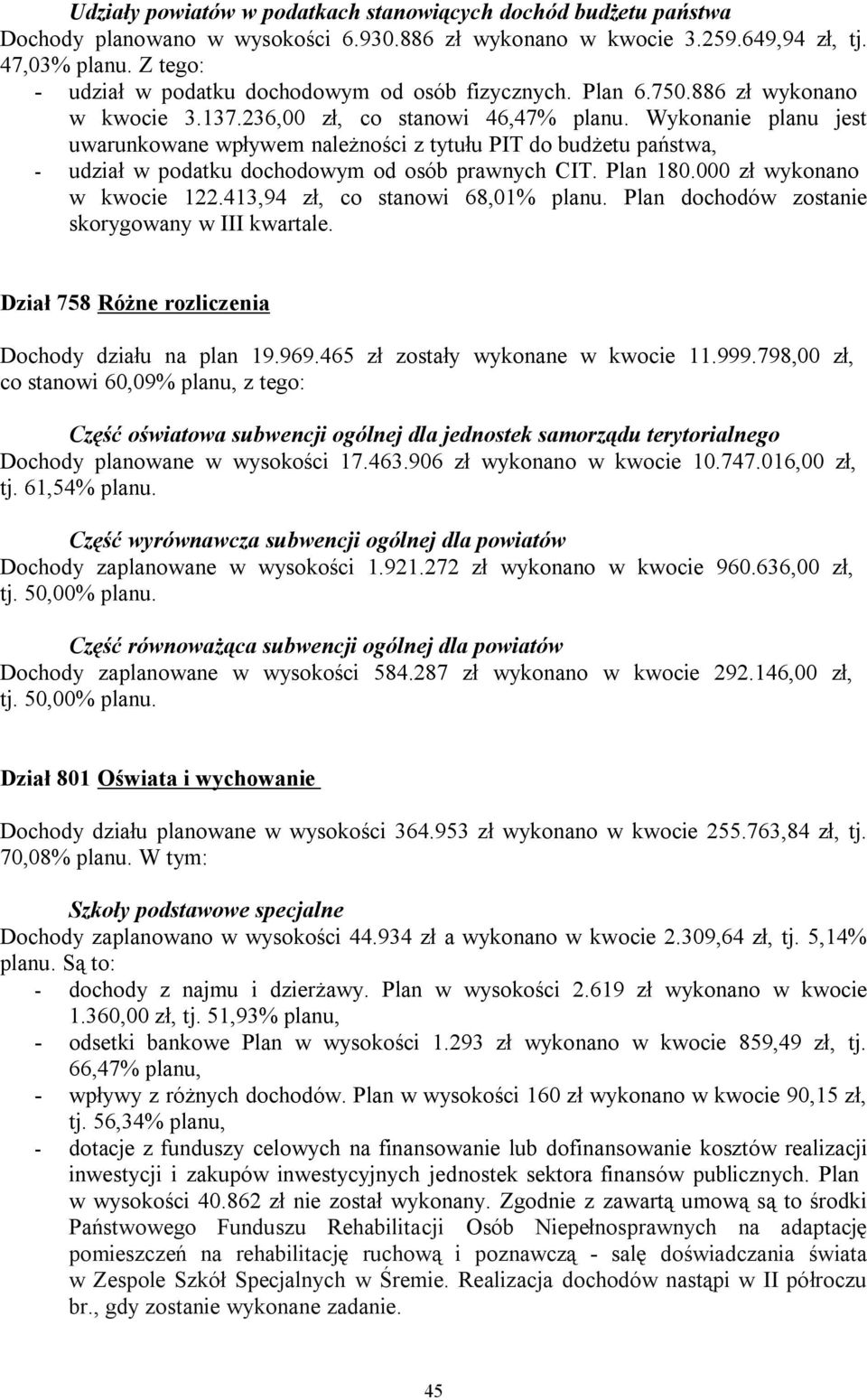 236,00 zł, co stanowi 46,47% Wykonanie planu jest uwarunkowane wpływem należności z tytułu PIT do budżetu państwa, - udział w podatku dochodowym od osób prawnych CIT. Plan 180.