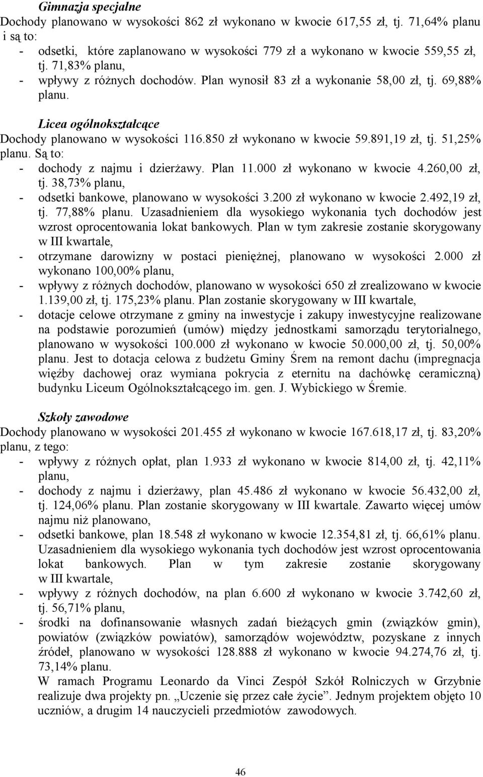 51,25% Są to: - dochody z najmu i dzierżawy. Plan 11.000 zł wykonano w kwocie 4.260,00 zł, tj. 38,73% planu, - odsetki bankowe, planowano w wysokości 3.200 zł wykonano w kwocie 2.492,19 zł, tj.