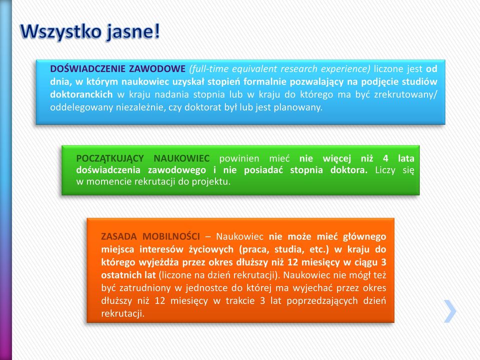 POCZĄTKUJĄCY NAUKOWIEC powinien mieć nie więcej niż 4 lata doświadczenia zawodowego i nie posiadać stopnia doktora. Liczy się w momencie rekrutacji do projektu.