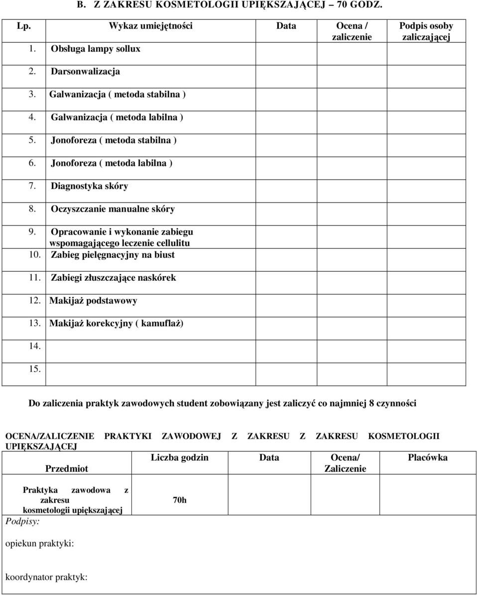 Opracowanie i wykonanie zabiegu wspomagającego leczenie cellulitu 10. Zabieg pielęgnacyjny na biust 11. Zabiegi złuszczające naskórek 12. MakijaŜ podstawowy 13. MakijaŜ korekcyjny ( kamuflaŝ) 14. 15.