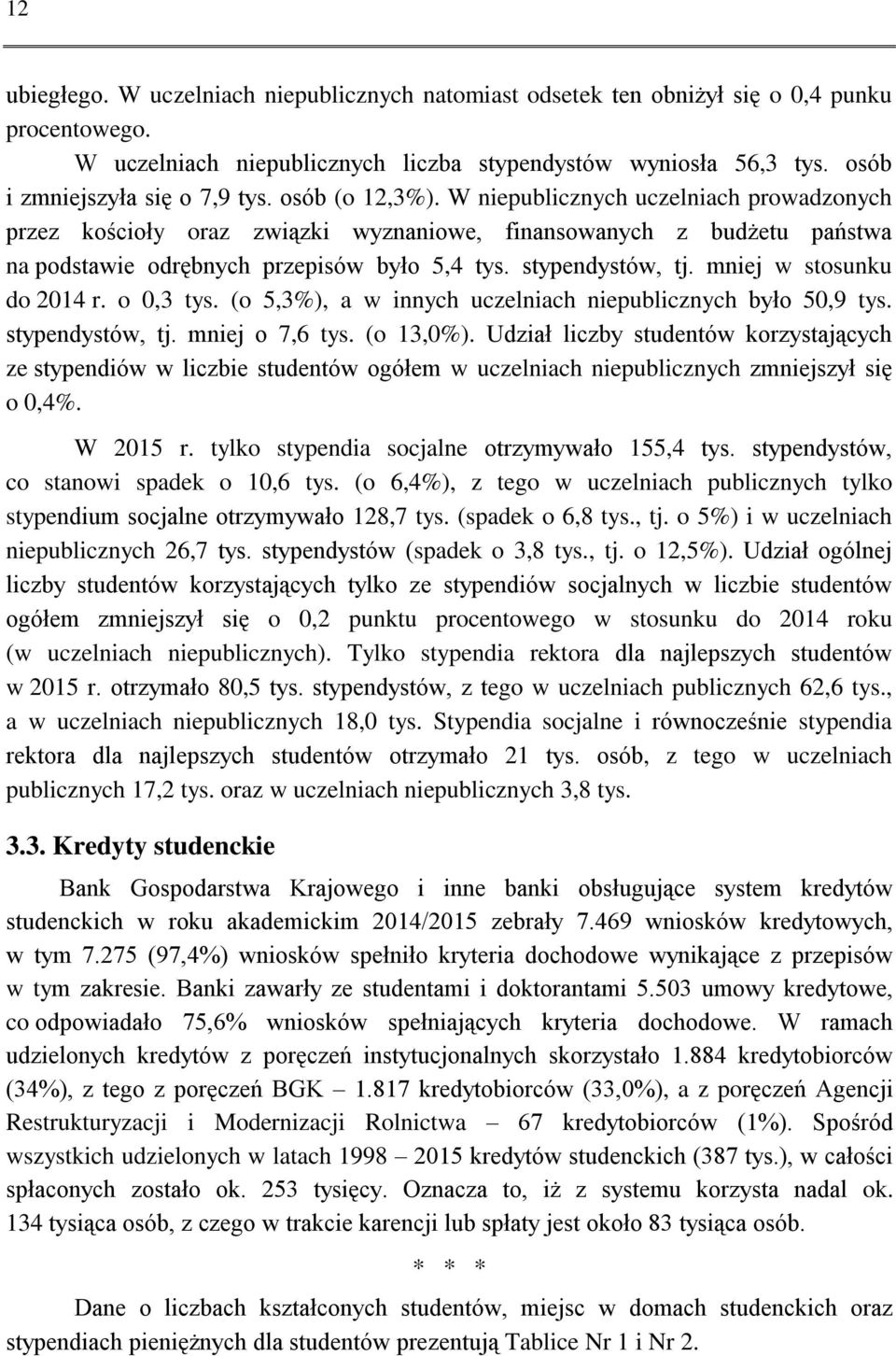 W niepublicznych uczelniach prowadzonych przez kościoły oraz związki wyznaniowe, finansowanych z budżetu państwa na podstawie odrębnych przepisów było 5,4 tys. stypendystów, tj.