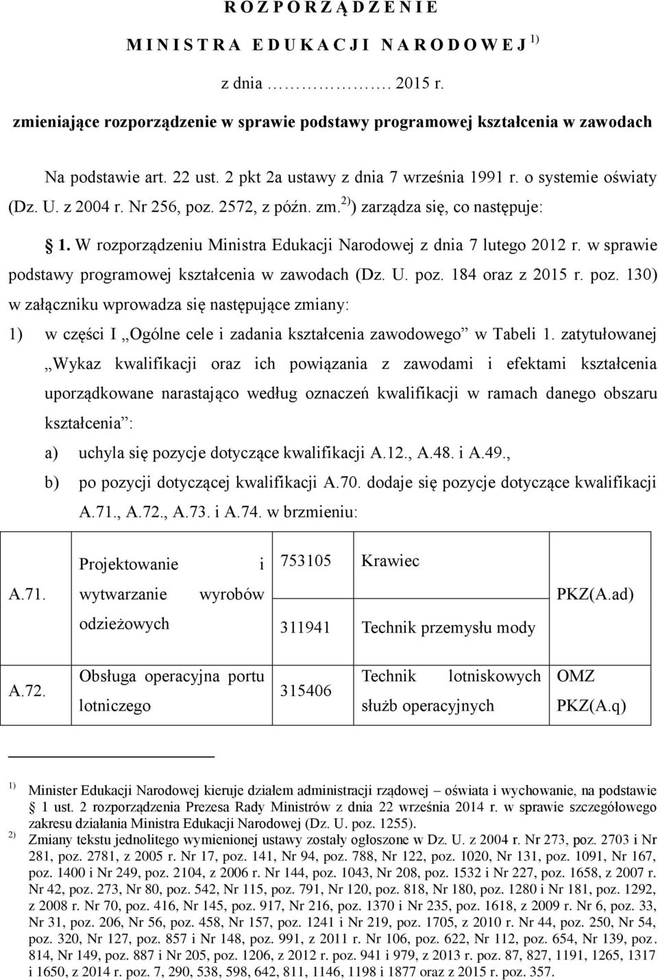 W rozporządzeniu Ministra Edukacji Narodowej z dnia 7 lutego 2012 r. w sprawie podstawy programowej kształcenia w zawodach (Dz. U. poz.