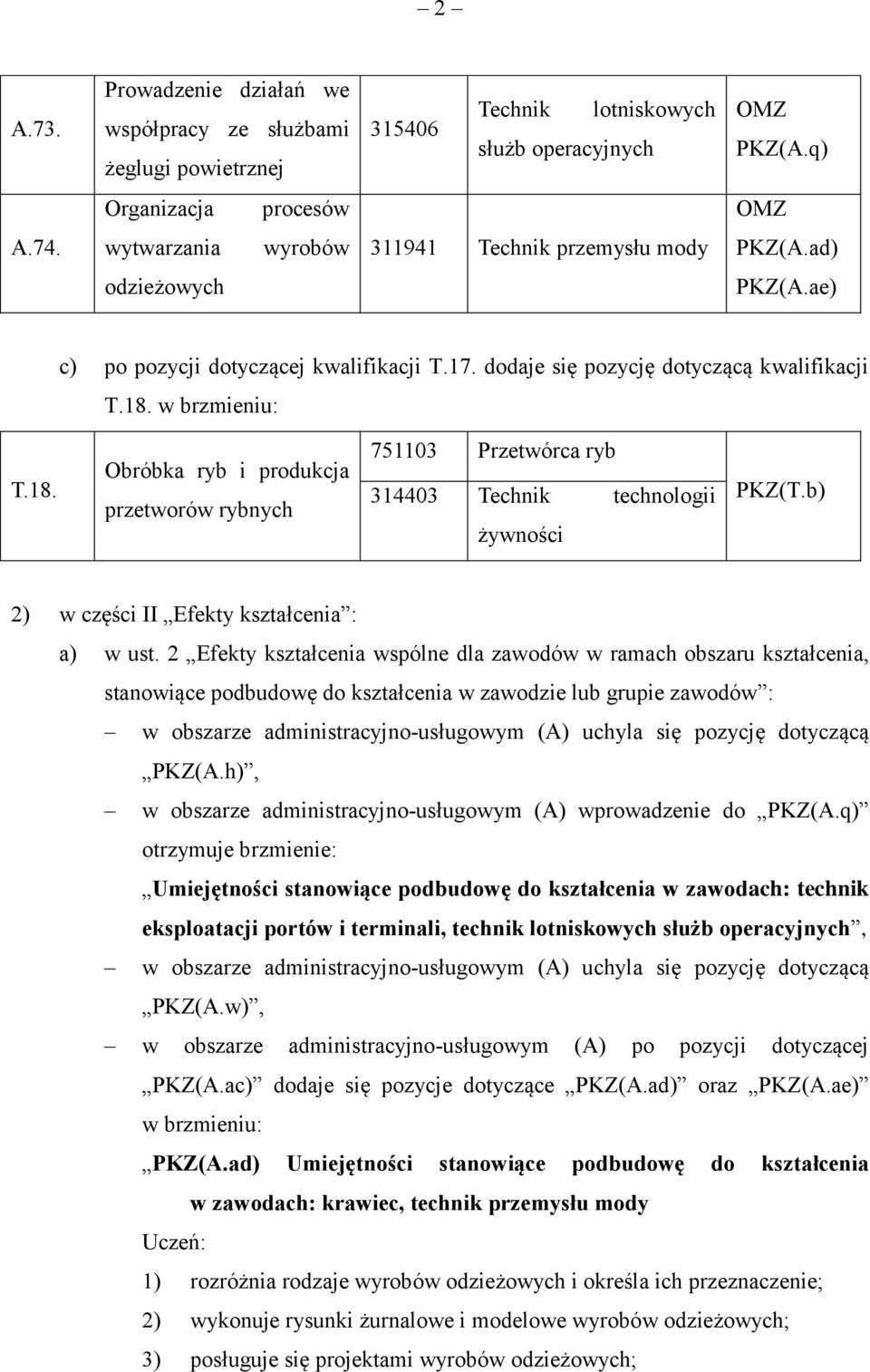 w brzmieniu: T.18. Obróbka ryb i produkcja przetworów rybnych 751103 Przetwórca ryb 314403 Technik technologii żywności PKZ(T.b) 2) w części II Efekty kształcenia : a) w ust.