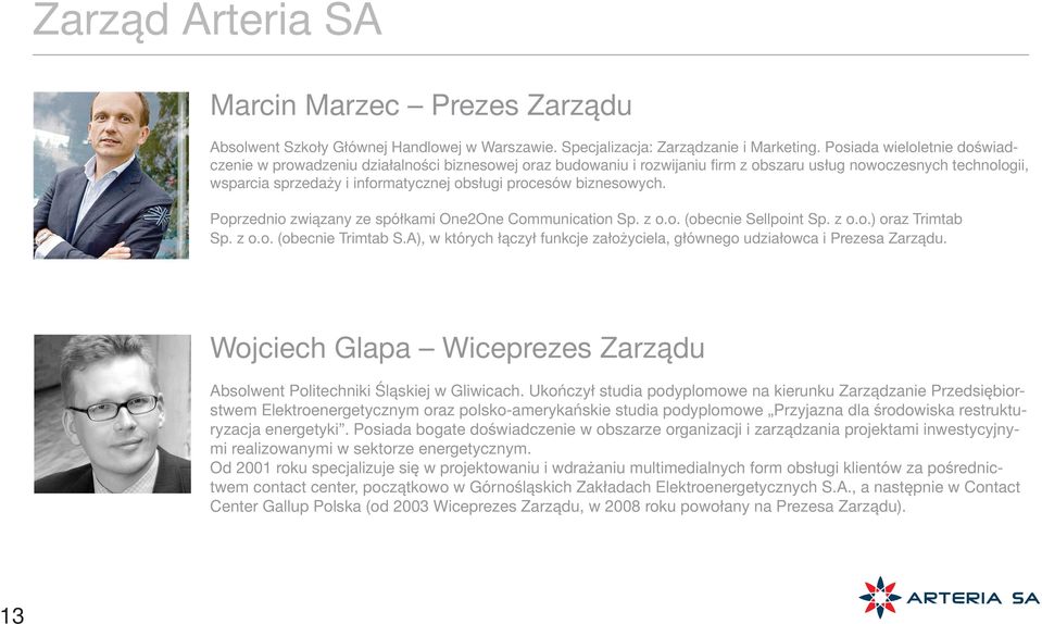 biznesowych. Poprzednio związany ze spółkami One2One Communication Sp. z o.o. (obecnie Sellpoint Sp. z o.o.) oraz Trimtab Sp. z o.o. (obecnie Trimtab S.
