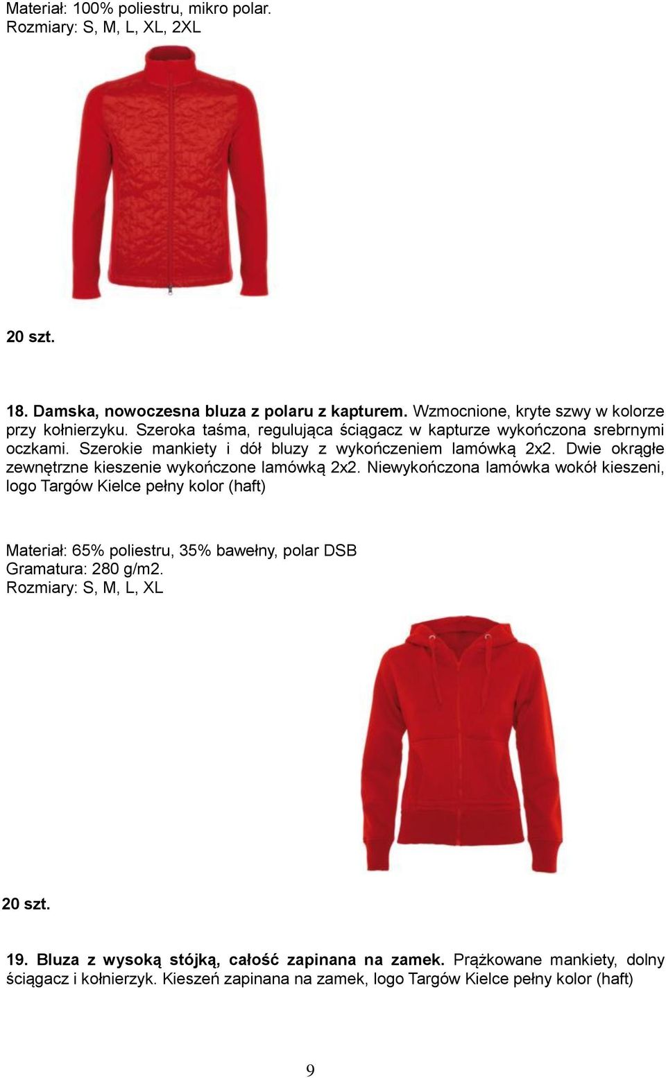 Dwie okrągłe zewnętrzne kieszenie wykończone lamówką 2x2.