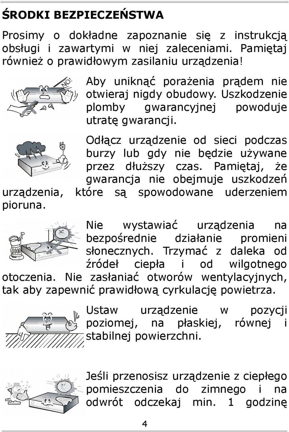Odłącz urządzenie od sieci podczas burzy lub gdy nie będzie używane przez dłuższy czas. Pamiętaj, że gwarancja nie obejmuje uszkodzeń urządzenia, które są spowodowane uderzeniem pioruna.
