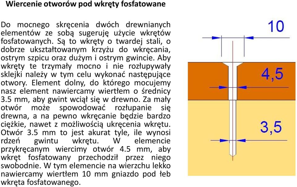 Aby wkręty te trzymały mocno i nie rozłupywały sklejki należy w tym celu wykonać następujące otwory. Element dolny, do którego mocujemy nasz element nawiercamy wiertłem o średnicy 3.