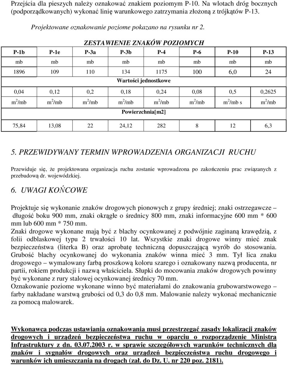 ZESTAWIENIE ZNAKÓW POZIOMYCH P-1b P-1e P-3a P-3b P-4 P-6 P-10 P-13 mb mb mb mb mb mb mb mb 1896 109 110 134 1175 100 6,0 24 Wartości jednostkowe 0,04 0,12 0,2 0,18 0,24 0,08 0,5 0,2625 m 2 /mb m 2