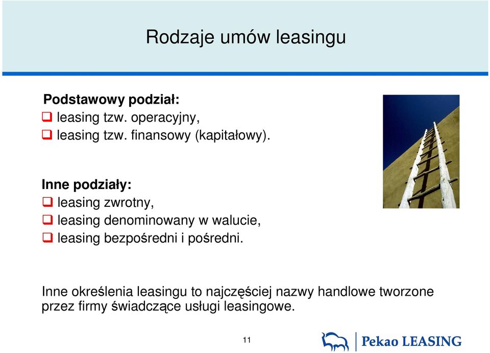 Inne podziały: leasing zwrotny, leasing denominowany w walucie, leasing
