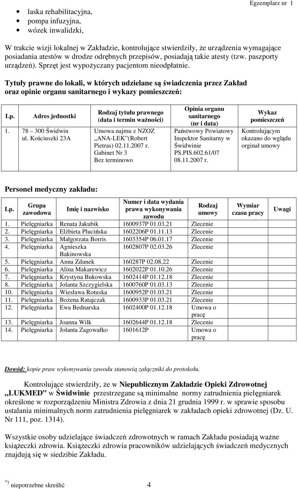 Tytuły prawne do lokali, w których udzielane są świadczenia przez Zakład oraz opinie organu sanitarnego i wykazy pomieszczeń: Lp. Adres jednostki 1. 78 300 Świdwin ul.