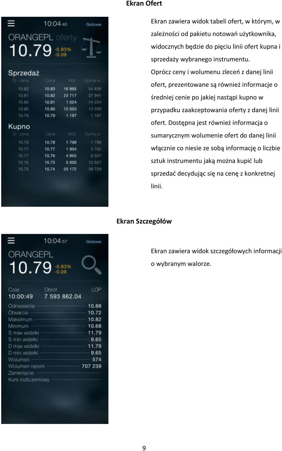 Oprócz ceny i wolumenu zleceń z danej linii ofert, prezentowane są również informacje o średniej cenie po jakiej nastąpi kupno w przypadku zaakceptowania oferty z