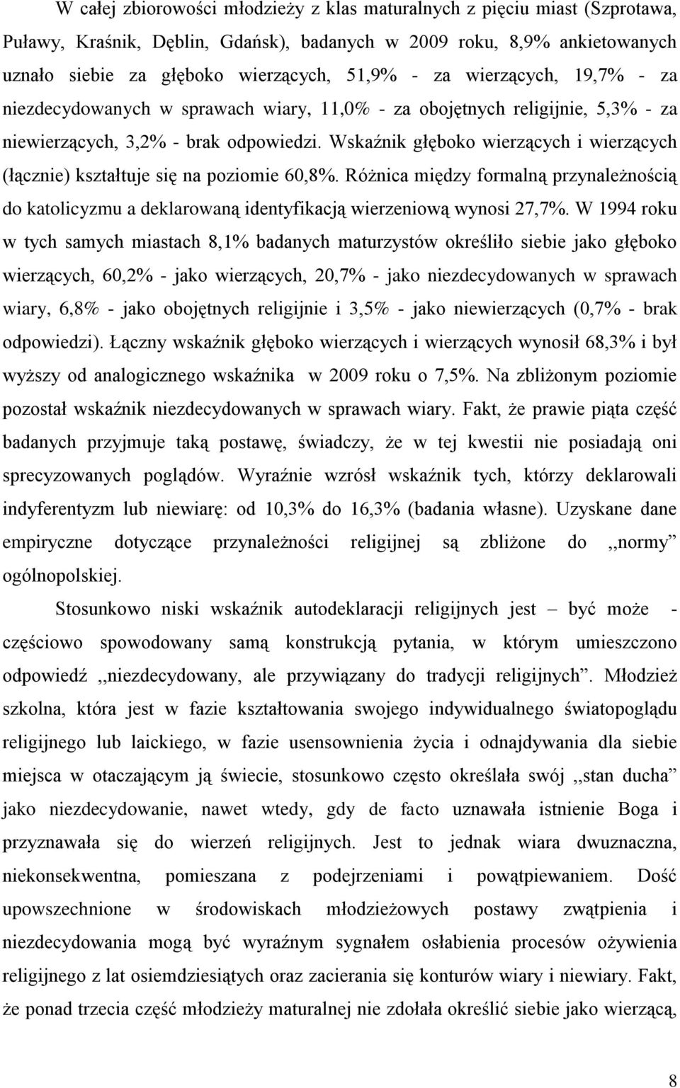 Wskaźnik głęboko wierzących i wierzących (łącznie) kształtuje się na poziomie 60,8%. Różnica między formalną przynależnością do katolicyzmu a deklarowaną identyfikacją wierzeniową wynosi 27,7%.