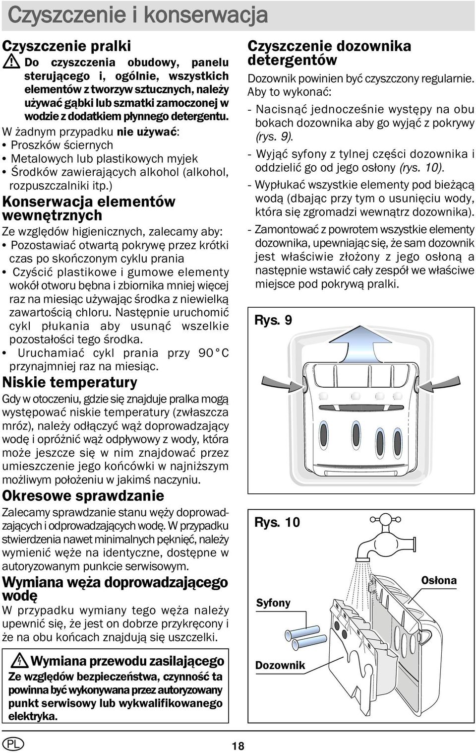 ) Konserwacja elementów wewnętrznych Ze względów higienicznych, zalecamy aby: Pozostawiać otwartą pokrywę przez krótki czas po skończonym cyklu prania Czyścić plastikowe i gumowe elementy wokół