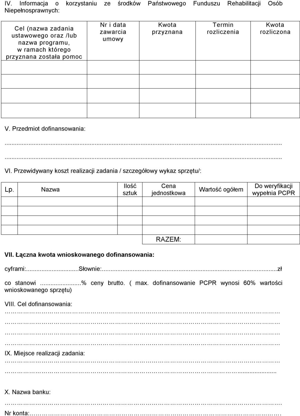Przewidywany koszt realizacji zadania / szczegółowy wykaz sprzętu/: Lp. Nazwa Ilość sztuk Cena jednostkowa Wartość ogółem Do weryfikacji wypełnia PCPR RAZEM: VII.