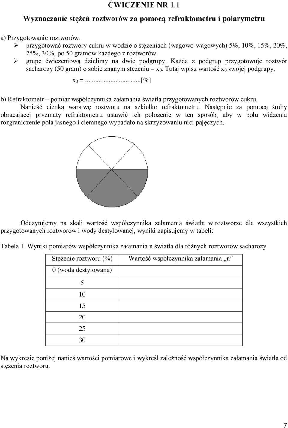 Każda z podgrup przygotowuje roztwór sacharozy (50 gram) o sobie znanym stężeniu x 0. Tutaj wpisz wartość x 0 swojej podgrupy, x 0 =.