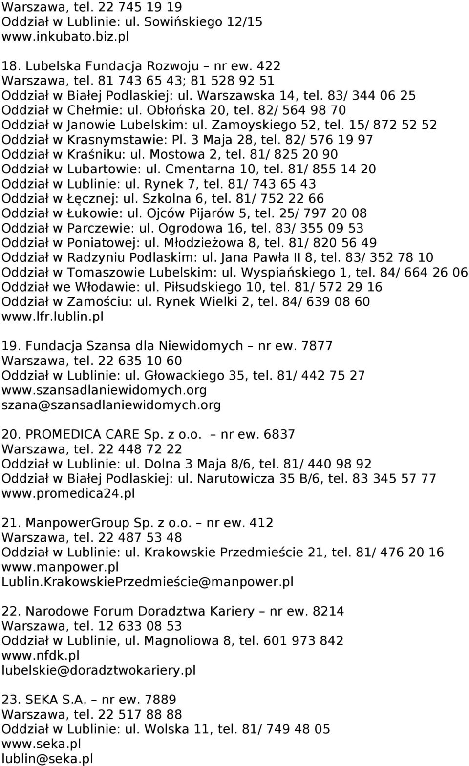 Zamoyskiego 52, tel. 15/ 872 52 52 Oddział w Krasnymstawie: Pl. 3 Maja 28, tel. 82/ 576 19 97 Oddział w Kraśniku: ul. Mostowa 2, tel. 81/ 825 20 90 Oddział w Lubartowie: ul. Cmentarna 10, tel.