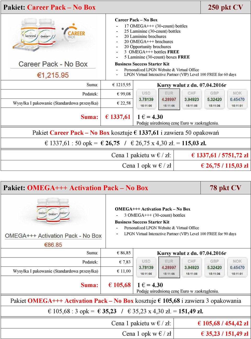 zawiera 50 opakowań 1337,61 : 50 opk = 26,75 / 26,75 x 4,30 zł. = 115,03 zł.
