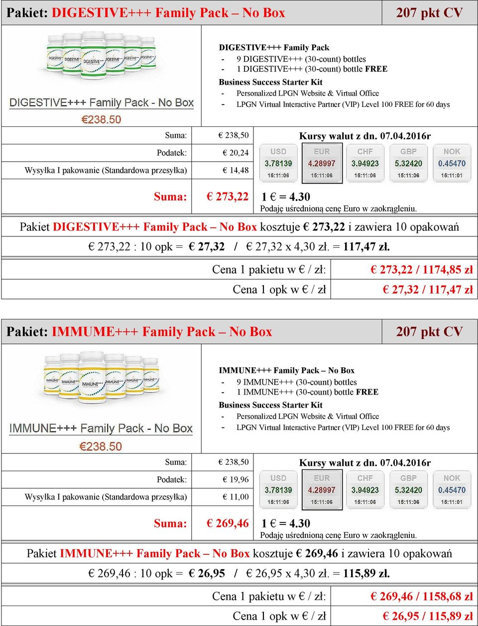 273,22 / 1174,85 zł 27,32 / 117,47 zł Pakiet: IMMUME+++ Family Pack No Box 207 pkt CV IMMUNE+++ Family Pack No Box - 9 IMMUNE+++ (30-count) bottles - 1 IMMUNE+++ (30-count) bottle FREE Suma: