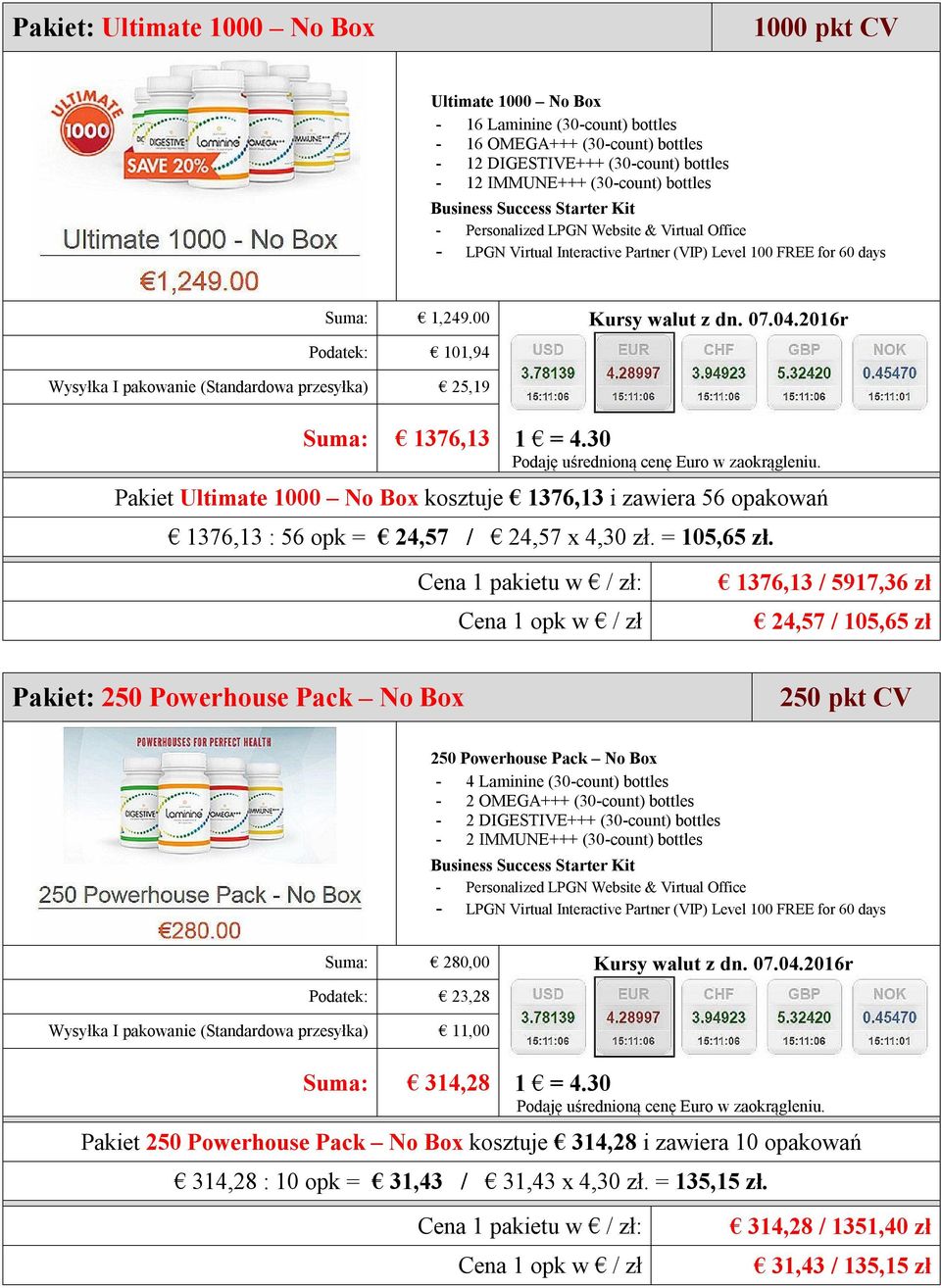 00 Podatek: 101,94 Wysyłka I pakowanie (Standardowa przesyłka) 25,19 Suma: 1376,13 Pakiet Ultimate 1000 No Box kosztuje 1376,13 i zawiera 56 opakowań 1376,13 : 56 opk = 24,57 / 24,57 x 4,30 zł.