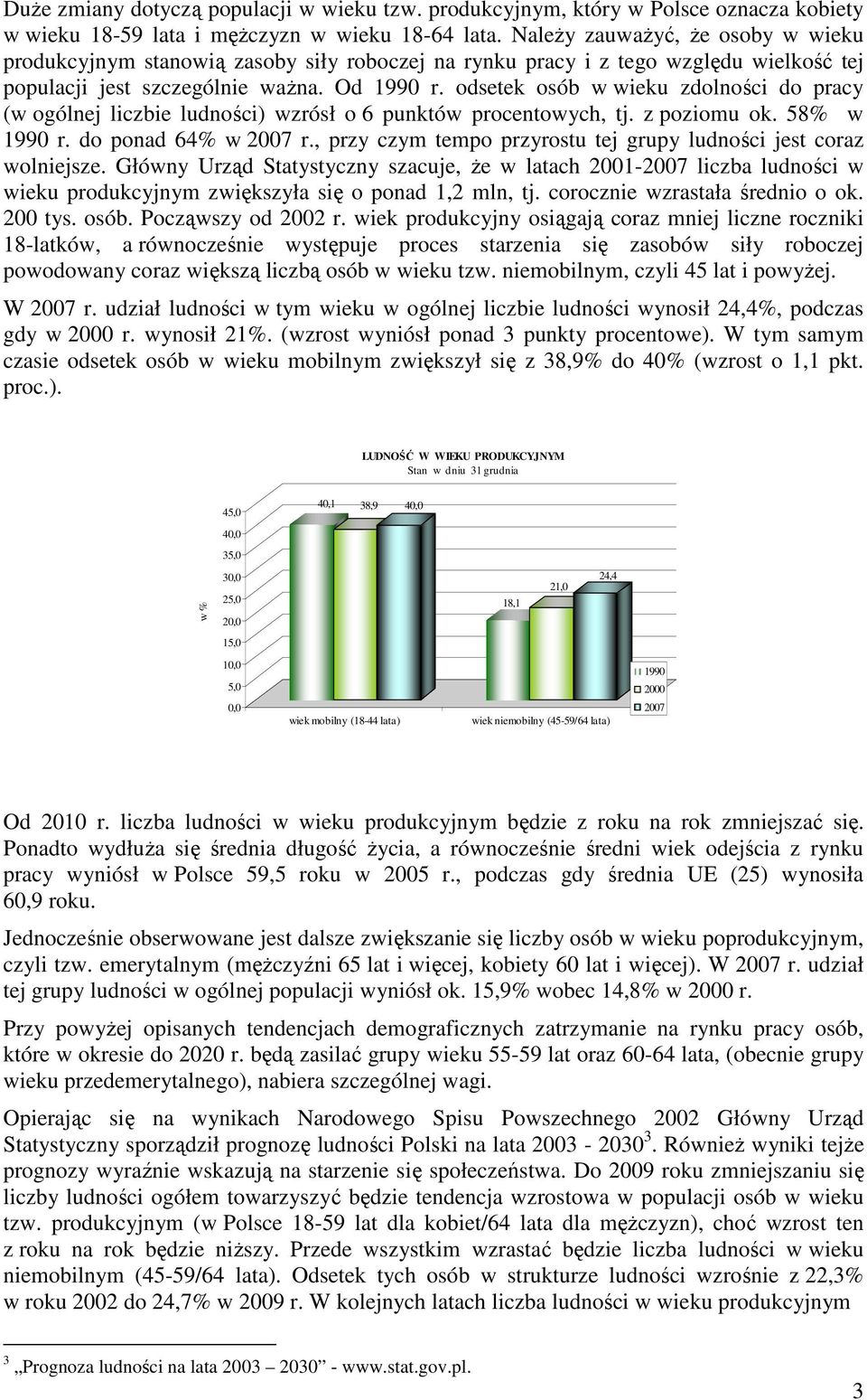 odsetek osób w wieku zdolności do pracy (w ogólnej liczbie ludności) wzrósł o 6 punktów procentowych, tj. z poziomu ok. 58% w 1990 r. do ponad 64% w 2007 r.