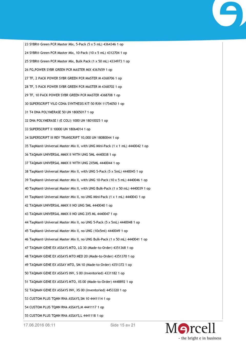 MASTER 4368708 1 op 30 SUPERSCRIPT VILO CDNA SYNTHESIS KIT-50 RXN 11754050 1 op 31 T4 DNA POLYMERASE 50 UN 18005017 1 op 32 DNA POLYMERASE I (E COLI) 1000 UN 18010025 1 op 33 SUPERSCRIPT II 10000 UN