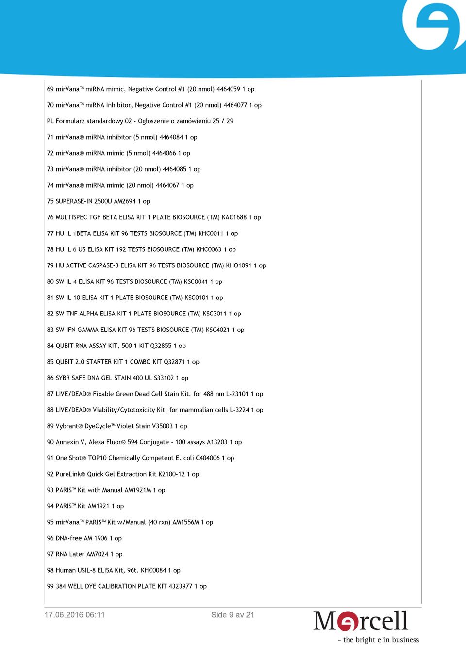 SUPERASE-IN 2500U AM2694 1 op 76 MULTISPEC TGF BETA ELISA KIT 1 PLATE BIOSOURCE (TM) KAC1688 1 op 77 HU IL 1BETA ELISA KIT 96 TESTS BIOSOURCE (TM) KHC0011 1 op 78 HU IL 6 US ELISA KIT 192 TESTS