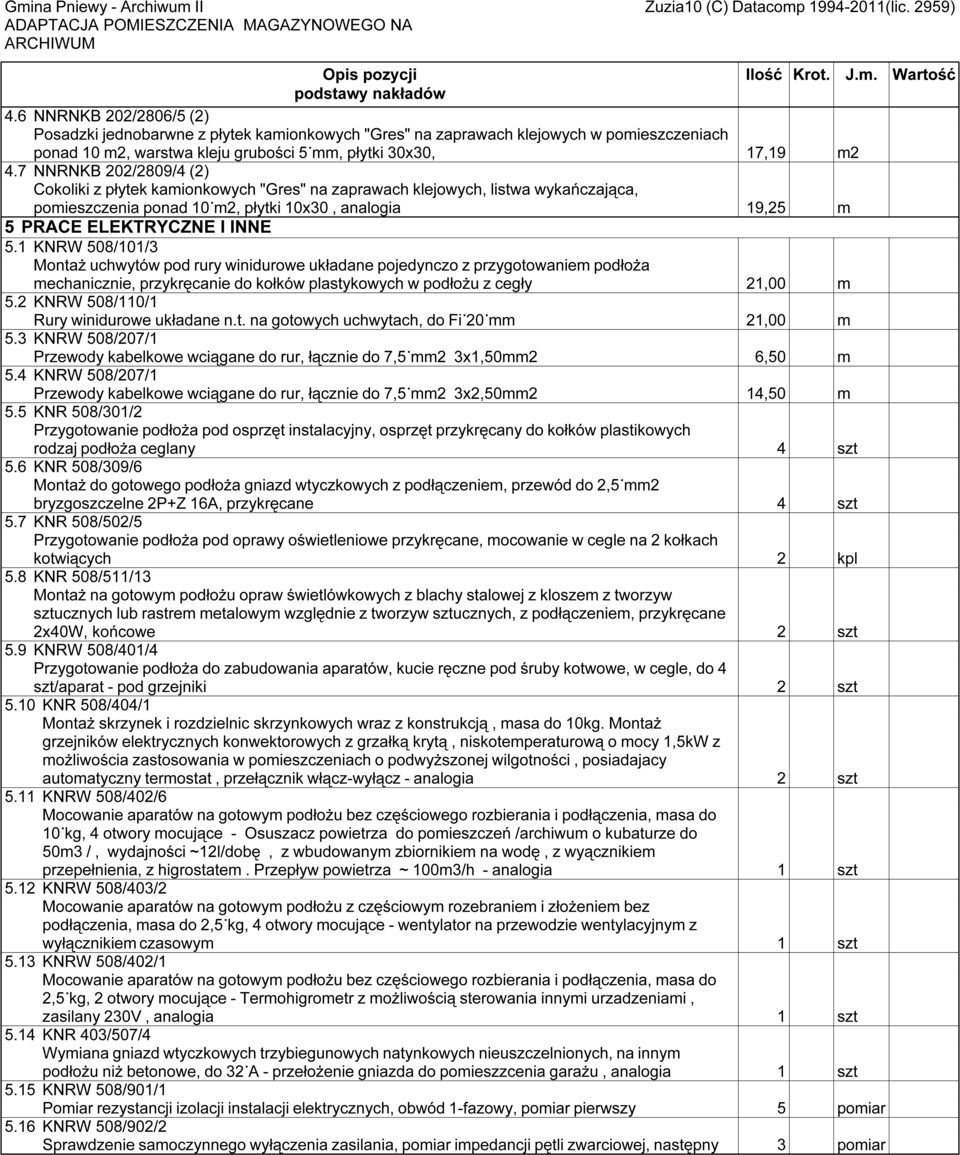 7 NNRNKB 202/2809/4 (2) Cokoliki z płytek kamionkowych "Gres" na zaprawach klejowych, listwa wykańczająca, pomieszczenia ponad 10 m2, płytki 10x30, analogia 19,25 m 5 PRACE ELEKTRYCZNE I INNE 5.