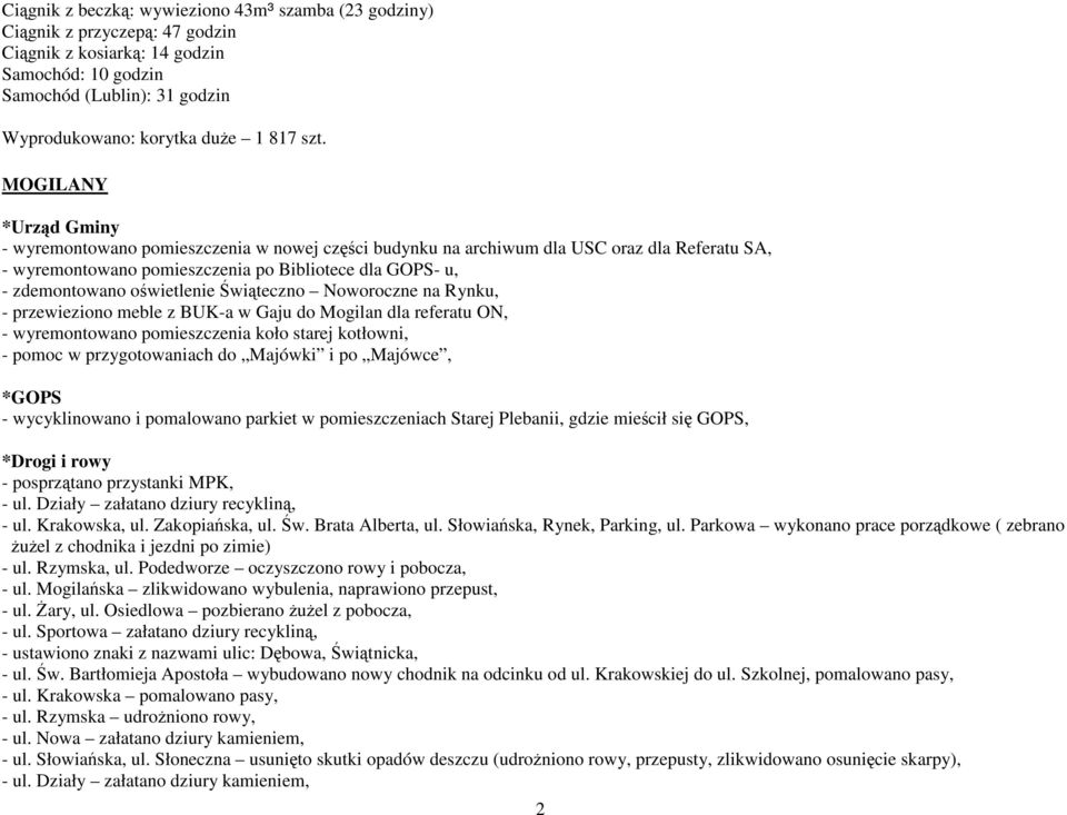 oświetlenie Świąteczno Noworoczne na Rynku, - przewieziono meble z BUK-a w Gaju do Mogilan dla referatu ON, - wyremontowano pomieszczenia koło starej kotłowni, - pomoc w przygotowaniach do Majówki i