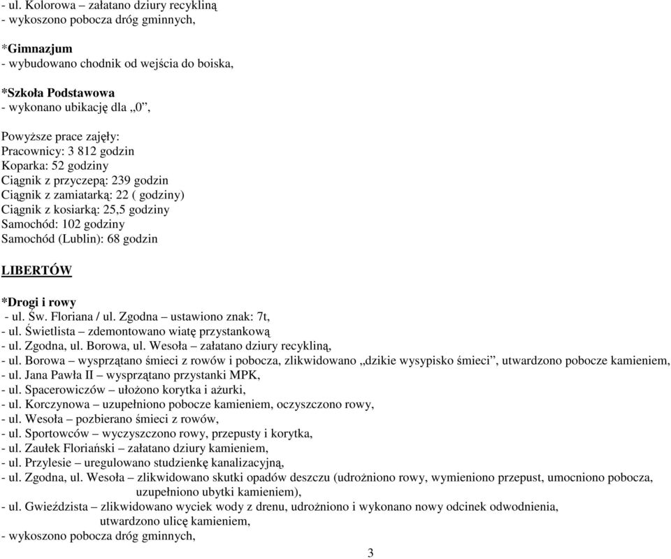 Zgodna ustawiono znak: 7t, - ul. Świetlista zdemontowano wiatę przystankową - ul. Zgodna, ul. Borowa, ul. Wesoła załatano dziury recykliną, - ul.