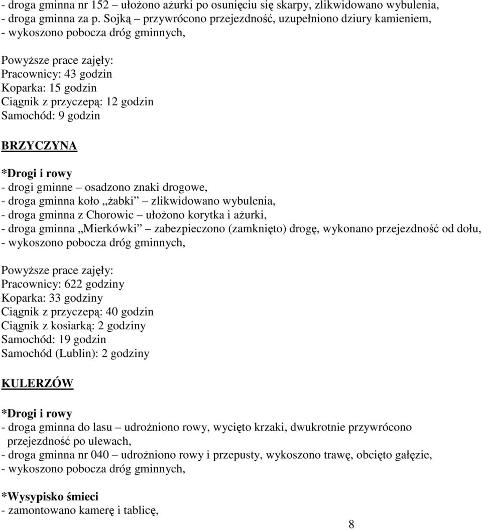 drogowe, - droga gminna koło Ŝabki zlikwidowano wybulenia, - droga gminna z Chorowic ułoŝono korytka i aŝurki, - droga gminna Mierkówki zabezpieczono (zamknięto) drogę, wykonano przejezdność od dołu,