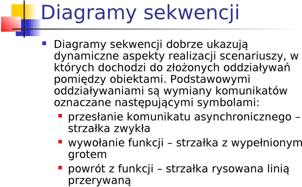 Podstawowymi oddziaływaniami są wymiany komunikatów oznaczane następującymi symbolami: przesłanie