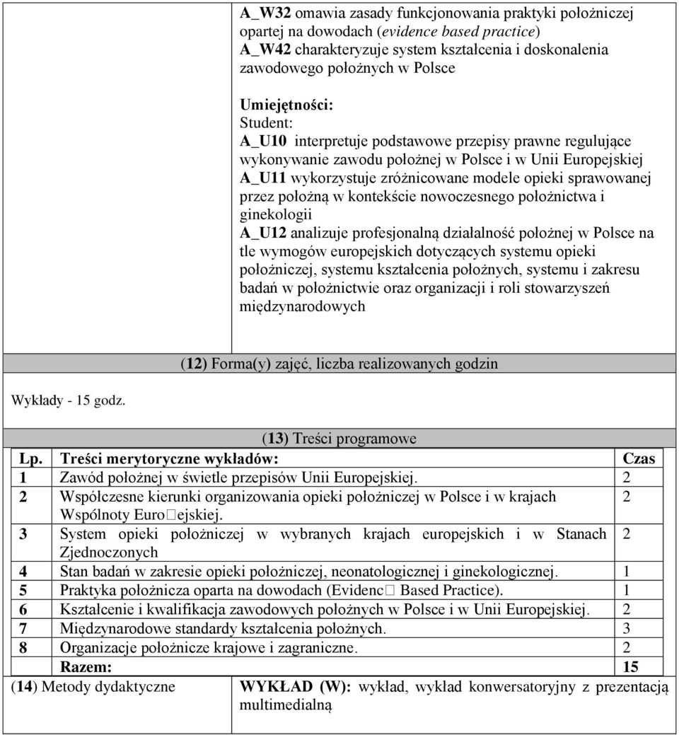 przez położną w kontekście nowoczesnego położnictwa i ginekologii A_U12 analizuje profesjonalną działalność położnej w Polsce na tle wymogów europejskich dotyczących systemu opieki położniczej,