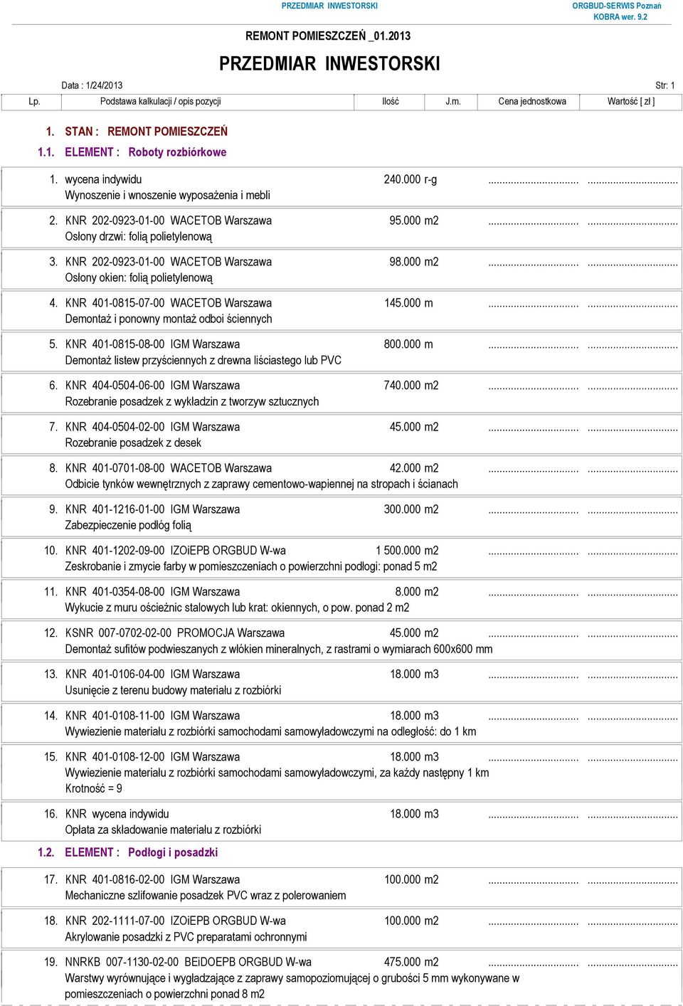 KNR 401-0815-07-00 WACETOB Warszawa 145.000 m...... DemontaŜ i ponowny montaŝ odboi ściennych 5. KNR 401-0815-08-00 IGM Warszawa 800.000 m...... DemontaŜ listew przyściennych z drewna liściastego lub PVC 6.