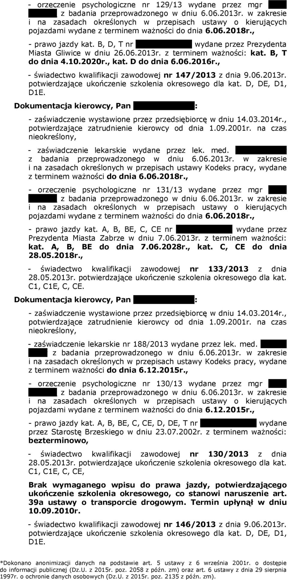 B, D, T nr 10910/02/2466 wydane przez Prezydenta Miasta Gliwice w dniu 26.06.2013r. z terminem ważności: kat. B, T do dnia 4.10.2020r., kat. D do dnia 6.06.2016r.