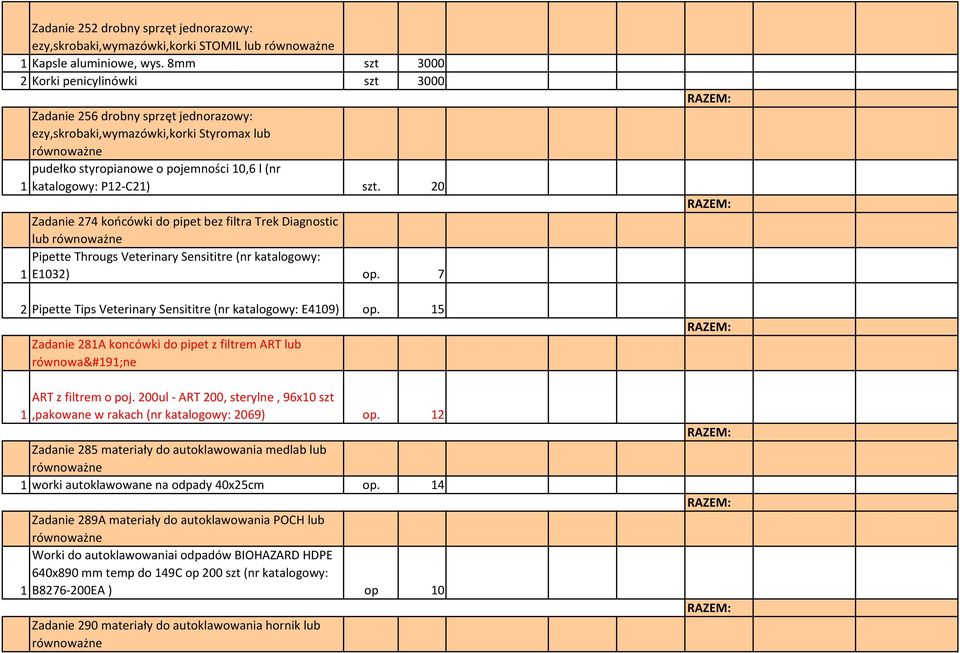 20 Zadanie 274 końcówki do pipet bez filtra Trek Diagnostic lub Pipette Througs Veterinary Sensititre (nr katalogowy: 1 E1032) op. 7 2 Pipette Tips Veterinary Sensititre (nr katalogowy: E4109) op.