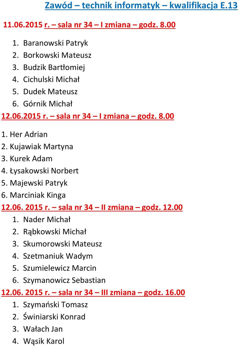 Łysakowski Norbert 5. Majewski Patryk 6. Marciniak Kinga 12.06. 2015 r. sala nr 34 II zmiana godz. 12.00 1. Nader Michał 2. Rąbkowski Michał 3.