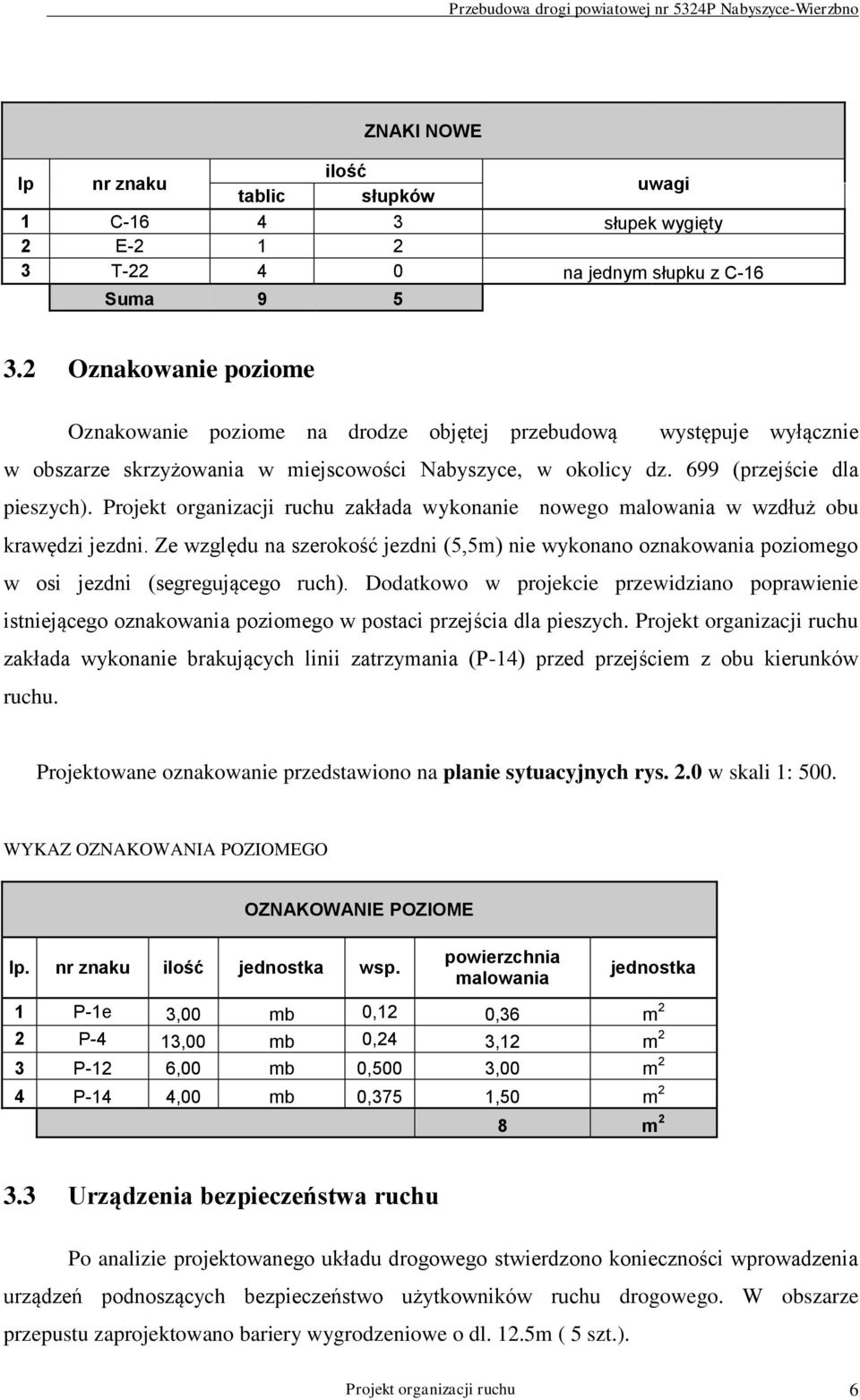Projekt organizacji ruchu zakłada wykonanie nowego malowania w wzdłuż obu krawędzi jezdni. Ze względu na szerokość jezdni (5,5m) nie wykonano oznakowania poziomego w osi jezdni (segregującego ruch).