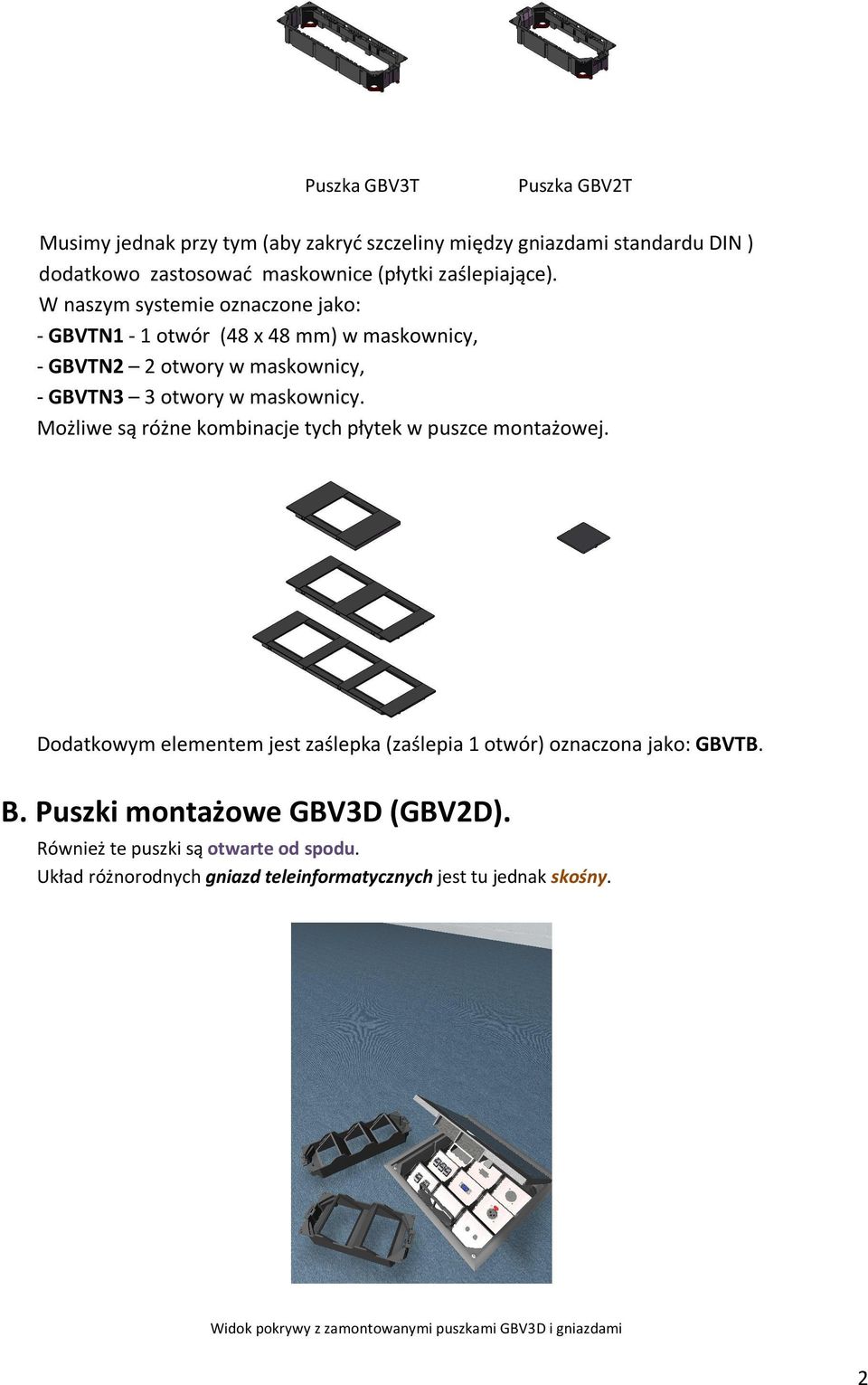 Możliwe są różne kombinacje tych płytek w puszce montażowej. Dodatkowym elementem jest zaślepka (zaślepia 1 otwór) oznaczona jako: GBVTB. B.