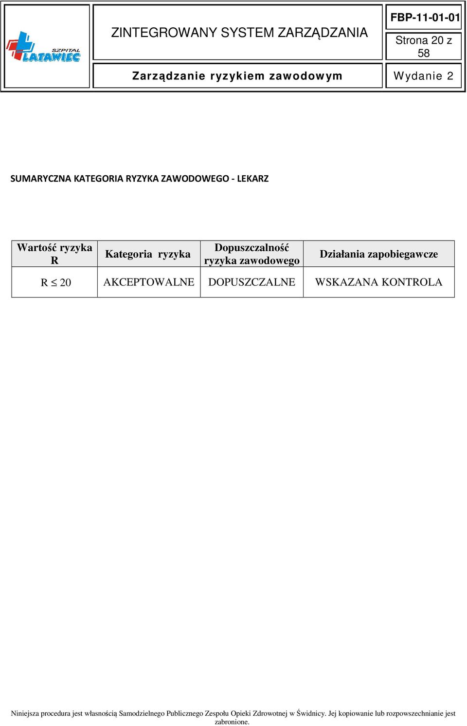 DOPUSZCZALNE WSKAZANA KONTROLA Niniejsza procedura jest własnością Samodzielnego