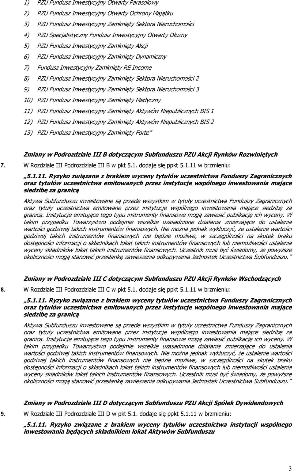 Zamknięty Sektora Nieruchomości 2 9) PZU Fundusz Inwestycyjny Zamknięty Sektora Nieruchomości 3 10) PZU Fundusz Inwestycyjny Zamknięty Medyczny 11) PZU Fundusz Inwestycyjny Zamknięty Aktywów