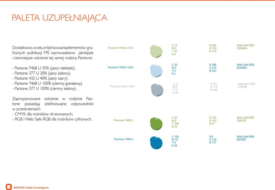 (ciemny zielony). Zaproponowane odcienie w rodzinie Pantone posiadają zdefiniowane odpowiedniki w przestrzeniach: - CMYK dla nośników drukowanych; - RGB i dla nośników cyfrowych.